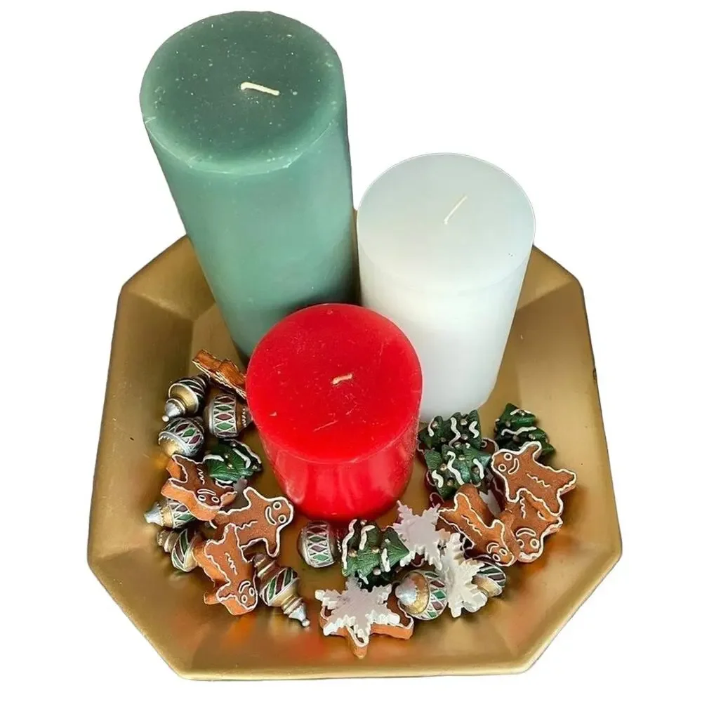 Christmas Candle Set & Decor Red Green White Candles Gold Tone Holder & Box Vtg